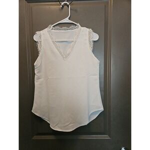 Lace Trim Tank Top Sleeveless V-Neck‎ Casual Blouse White